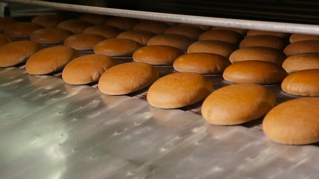 Baked loaf of bread in a bakery. Bread bakery food factory production with fresh products. Manufacture of bread. Warm baked bread at the exit of the oven.