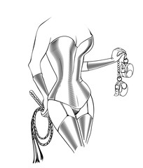 Decorative drawing in sketch style with sexy inked female body  legs in latex stockings and tight corset, holding the thong  handcuffs. Vector illustration isolated. Fetish  bdsm symbol.