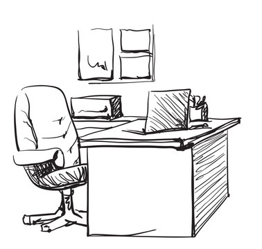 Desk With A Computer Or Workplace In Office Drawn By Hand Doodle Style.