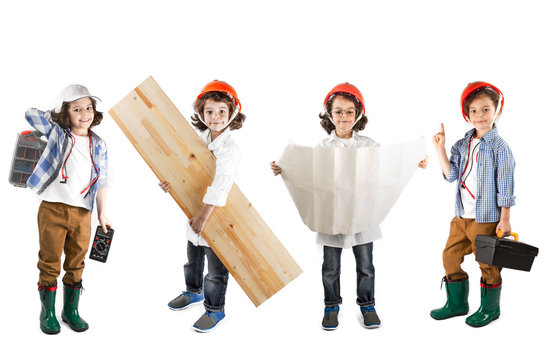 Collage. Young curly electrician, engineer, foreman, work standing, looking at the camera. White background.