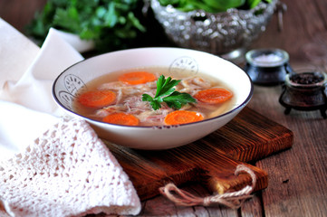 Homemade aspic cooked organic chicken. Traditional Russian food