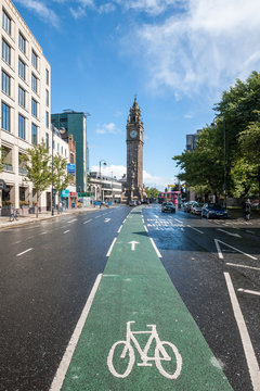 Bicycle Lane Sign On Road In Belfast City, Northern Ireland