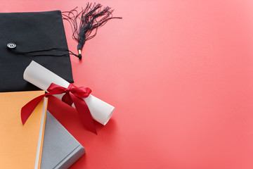 academic hat with diploma and books - obrazy, fototapety, plakaty
