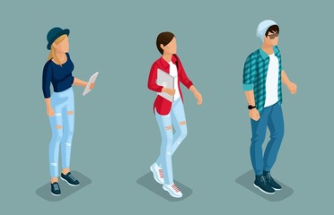 Fototapeta premium Trendy isometric people. Medical staff, hospital, doctor, nurse, surgeon. Large Director, People for the front view of the visas, standing position isolated on a light background. Set 6