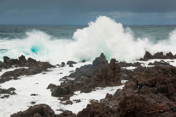 Strong Waves Crashing on the Volcanic Coast in Tenerife