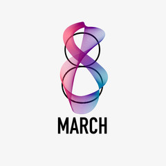 Abstract card for March 8. Thin lines wrapped around the figure eight. Pink and blue smooth gradient. Bold and thin black typography. Modern design on a white background.