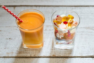 Healthy lifestyle and diet concept. Fruit, pills and vitamin supplements, flatlay