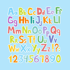 Funny comics font. Hand drawn lowcase and uppercase colorful cartoon English alphabet with lower and uppercase letters. Vector illustration