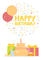 Happy Birthday Card Design with ballons, confetti, cake and gift box. Vector illustration