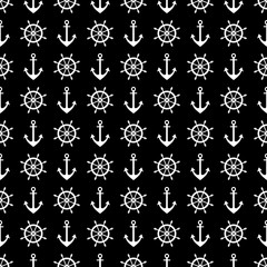 Vector seamless pattern with anchor, steering wheel. Symmetrical background, nautical theme. Graphic illustration. Template for wrapping, backgrounds, fabric, prints, decor, surface