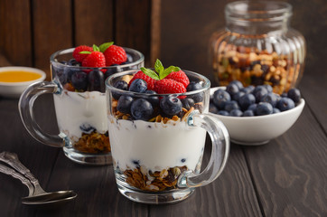 Yogurt parfait with granola and fresh berries, healthy breakfast concept, selective focus