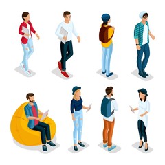 Obraz premium Trendy isometric young creative people, set 4 in stylish clothes with modern hairstyles. Freelancers students, hipsters isolated. Vector illustration