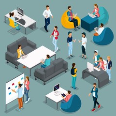 Trendy isometric young creative people, set 4 in stylish clothes with modern hairstyles. Freelancers students, hipsters isolated. Vector illustration