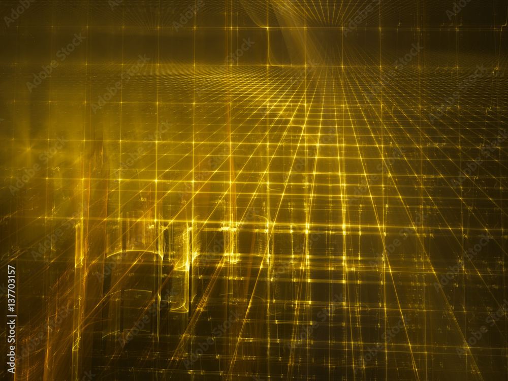 Poster abstract background element. three-dimensional composition of glowing grids and wave shapes. science