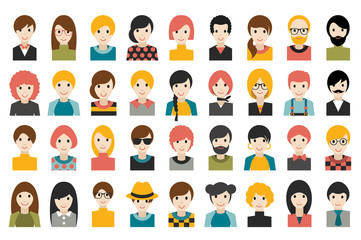 Mega set of diverse people heads, avatars isolated on white background. Different clothes, hair styles. Flat stylized cartoon vector.