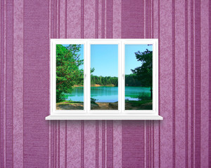 window in modern room with panoramic view to forest lake