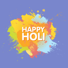 Happy Holi spring festival of colors greeting background with colorful Holi powder paint clouds and sample text. Blue, yellow, pink and orange powder paint. Vector illustration