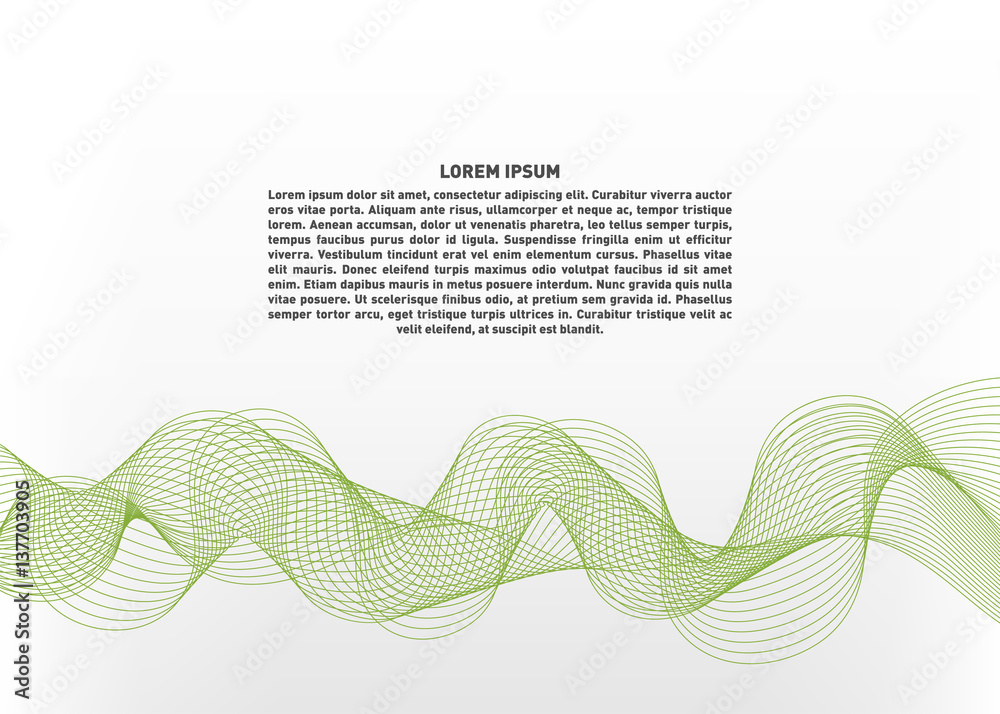 Poster Abstract vector illustration with green waves on white background. Futuristic background with lines in waveform. Temlate with tex