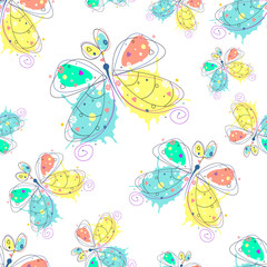 Vector seamless pattern with insect Hand drawn outline decorative endless background with cute drawn butterfly Graphic illustration. Line drawing. Print for wrapping, background, decor