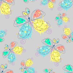 Vector seamless pattern with insect Hand drawn outline decorative endless background with cute drawn butterfly Graphic illustration. Line drawing. Print for wrapping, background, decor