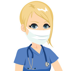 Young blonde caucasian nurse wearing mask with stethoscope