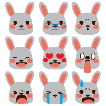 Set collection of different rabbit face emoji expressions