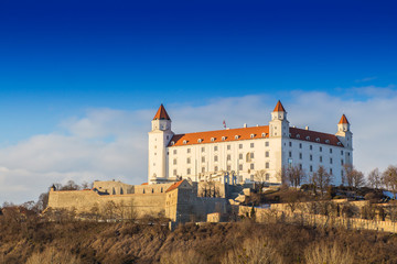 Fototapeta na wymiar Bratislava castle, and Danube river and beautiful sunset, Slovakia