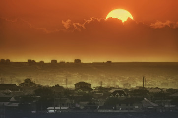 Beautiful landscape of sunset over the city in Azerbaijan. Baku. Kurdaxani