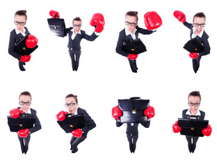 Collage of funny businesswoman on white