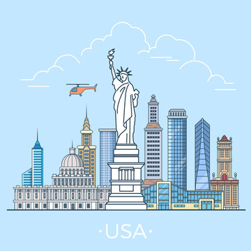World travel in USA States Linear Flat vector design template.