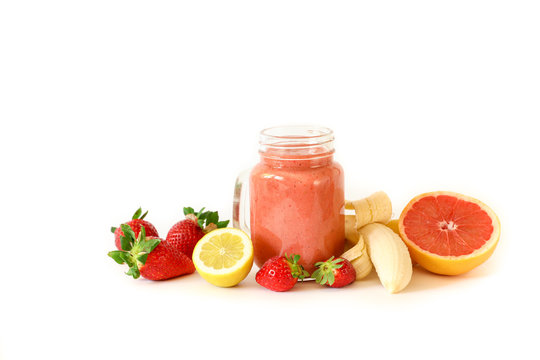 Strawberry smoothie with banana, grapefruit and lemon.