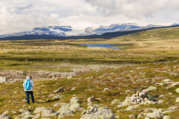 Fototapeta premium Woman looking at the Hardangervidda National Park landscape