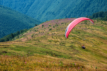Paragliding in the sky. Paraglider fly over the tops of the mountains in summer sunny day. Carpathians, Ukraine.