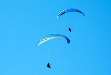 Two paragliders flying in the blue sky. Paragliding. 