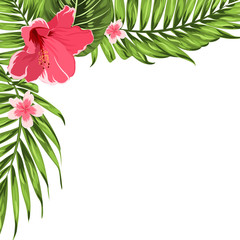 Fototapeta na wymiar Exotic tropical border frame template for corner decoration. Bright greenery jungle palm tree leaves. Pink plumeria and hibiscus flowers. Vintage banner element for invitation greeting card packaging.