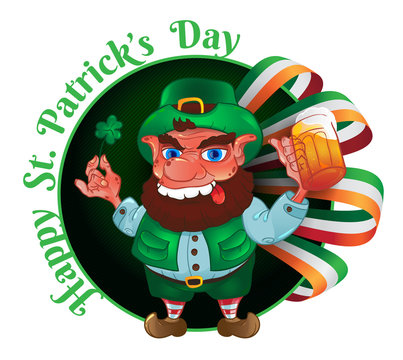 Drunk cartoon leprechaun holds in his hands the Shamrock and beer with the Irish flag isolated on white. Vector illustration for St. Patrick's Day. Greeting card design.