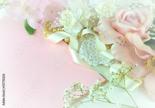 Silk Roses In A Pink Blush Color Arranged With Vintage Lace Pearls And Ivory Silk Roses In A Pink Blush Color Arranged With Vintage Lace Pearls And Ivory