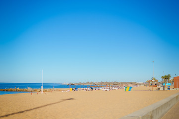 Fototapeta premium Straw umbrellas on ocean beach in Algarve Portugal, sunny outdoors background