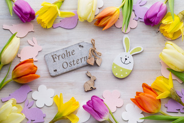 Easter and spring decoration, flowers and eggs.