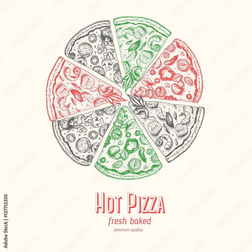 Wall mural italian pizza hand drawn vector illustration. pizza slices in a circle. design template.