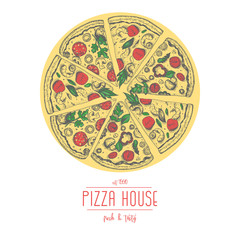 Italian Pizza hand drawn vector illustration. Pizza slices in a circle. Design template.