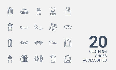 Clothes, shoes, accessories line icons set
