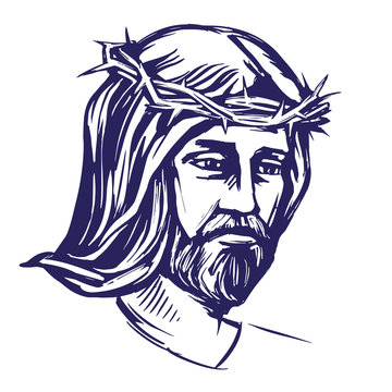Jesus Christ, the Son of God in a crown of thorns on his head, a symbol of Christianity hand drawn vector illustration realistic sketch