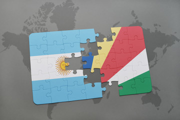 puzzle with the national flag of argentina and seychelles on a world map