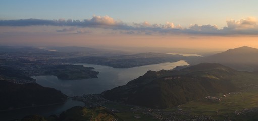 View from mount Stanserhorn, lake Vierwaldstattersee at sunrise