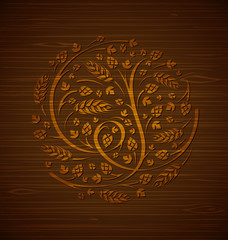 Vector floral ornament of hops and malt on a wooden background - 137714359