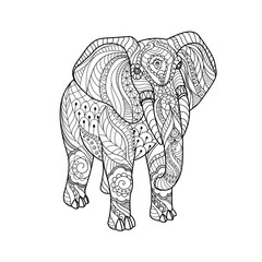 Elephant on white background Freehand sketch for adult anti stress coloring book page with doodle and zentangle elements.