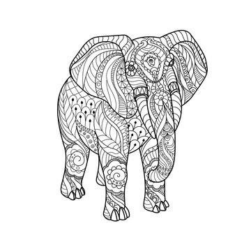 Elephant on white background Freehand sketch for adult anti stress coloring book page with doodle and zentangle elements.