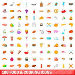 100 food and cooking icons set, cartoon style