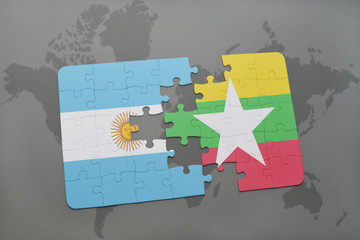 puzzle with the national flag of argentina and myanmar on a world map
